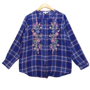 The Pioneer Woman Embroidered Plaid Blouse Women L Blue Floral Button Front Top